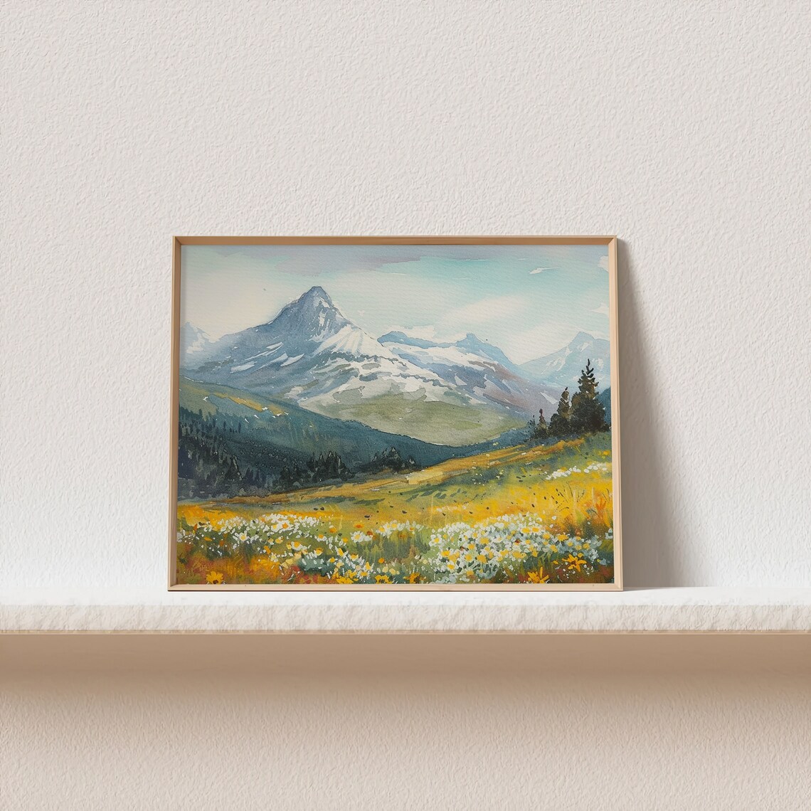 Rocky Mountains Daisy Field Watercolor Art Print - Image 4