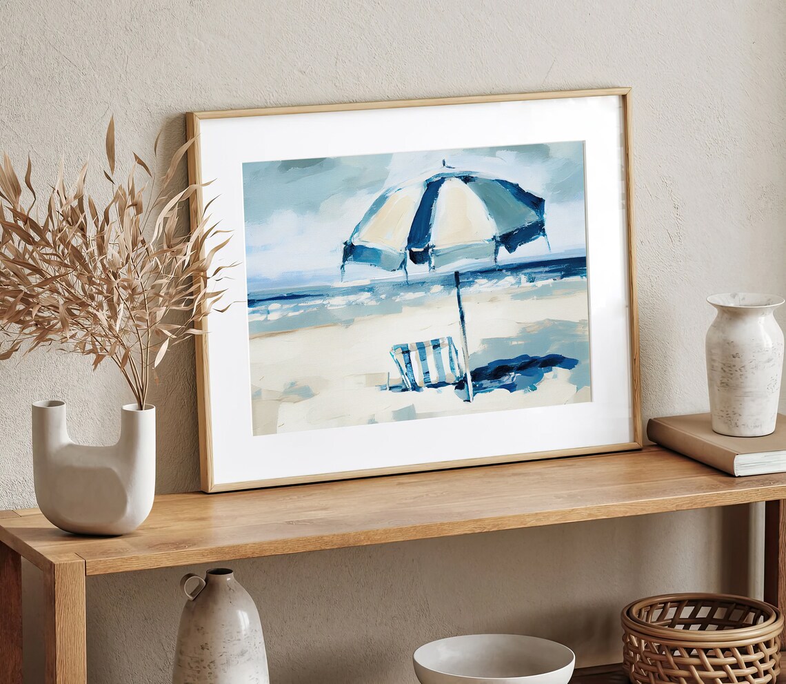 Santa Monica Beach Umbrella Chair Coastal Sea Watercolor Poster - Image 2