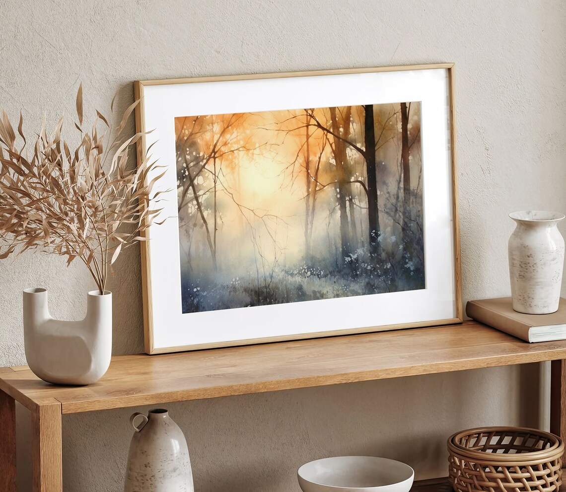 Misty Sunrise Forest Watercolor Woodland Golden Light Poster - Image 3