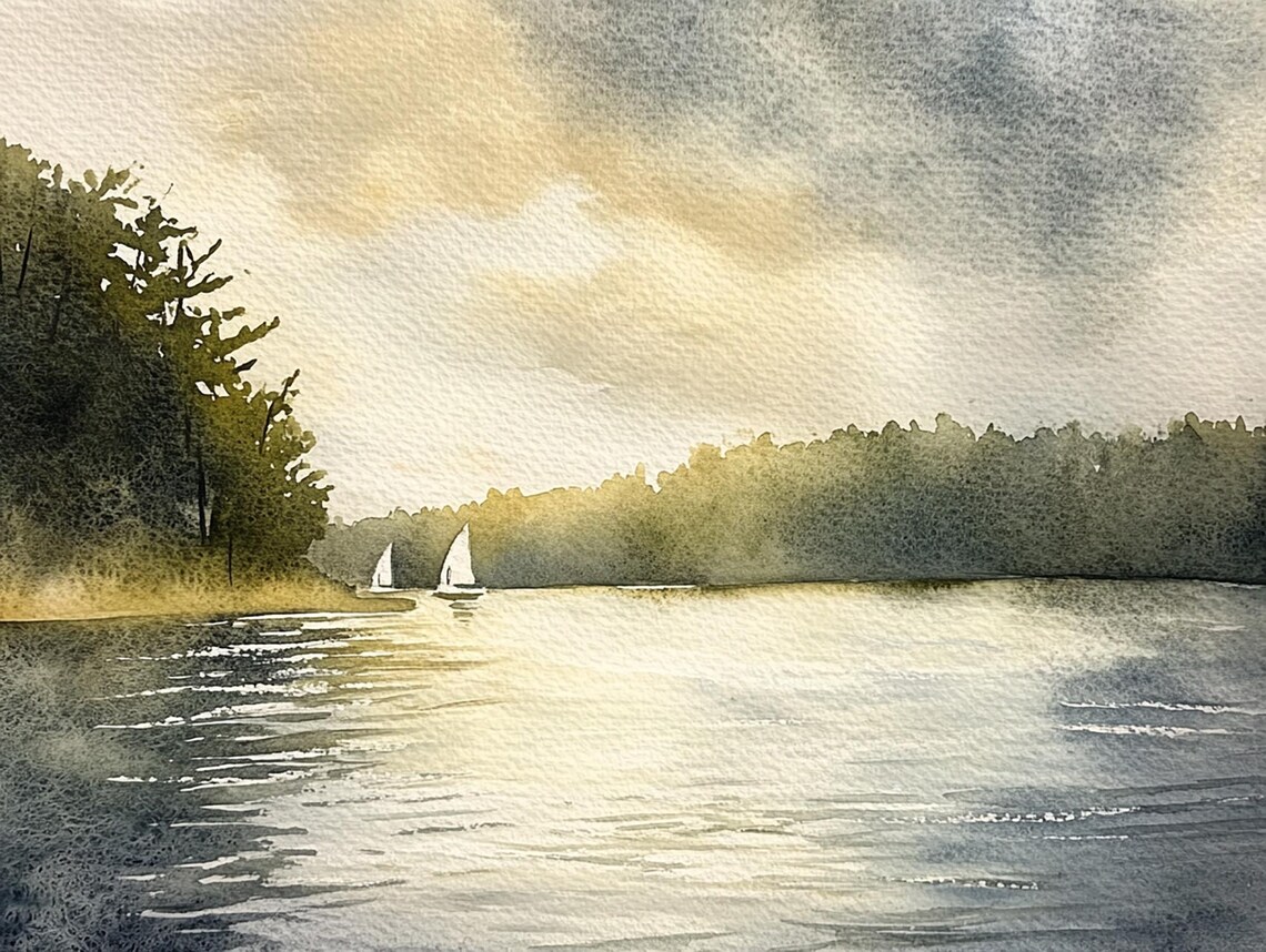Spofford Lake Sailboat Watercolor Sunset Lake Landscape Poster