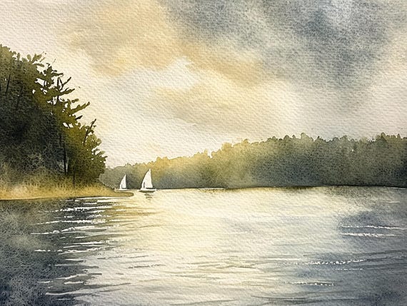 Spofford Lake Painting New Hampshire Watercolor Art Print Sunset Lake Wall Art Sailing Print Forest Print Lake Shores Art Landscape Print