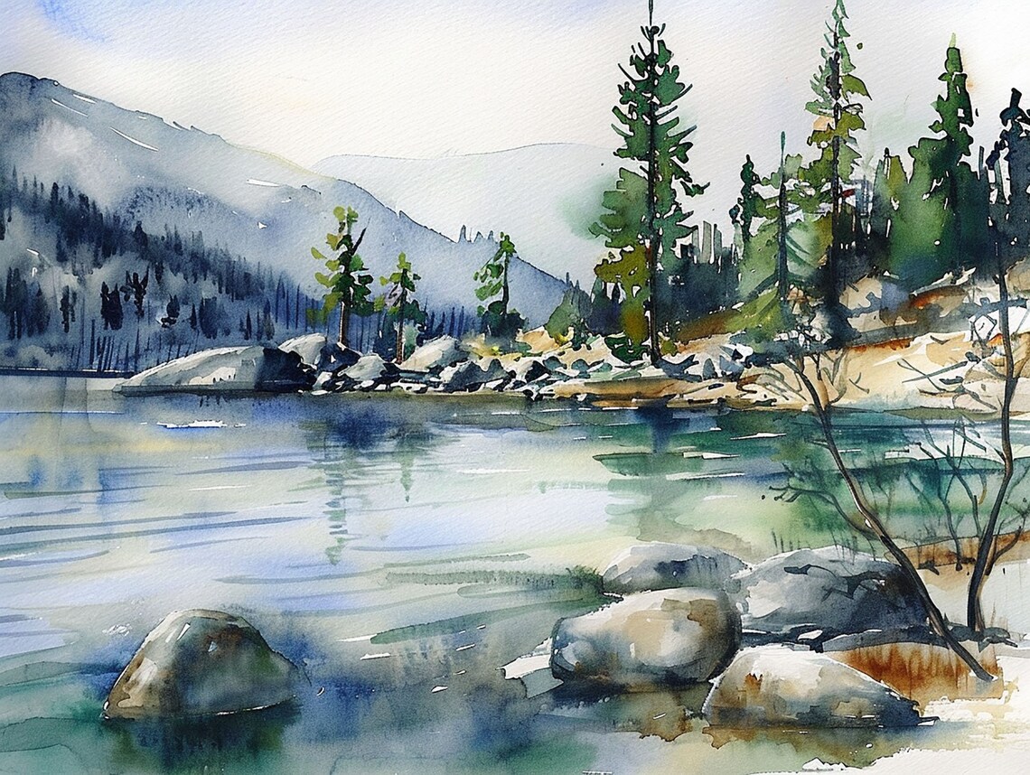 Lake Tahoe Watercolor Art Print, Mountain Lake
