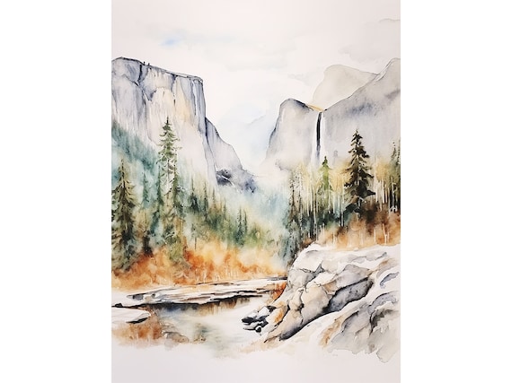 Yosemite Valley Watercolor Art Print, El Capitan