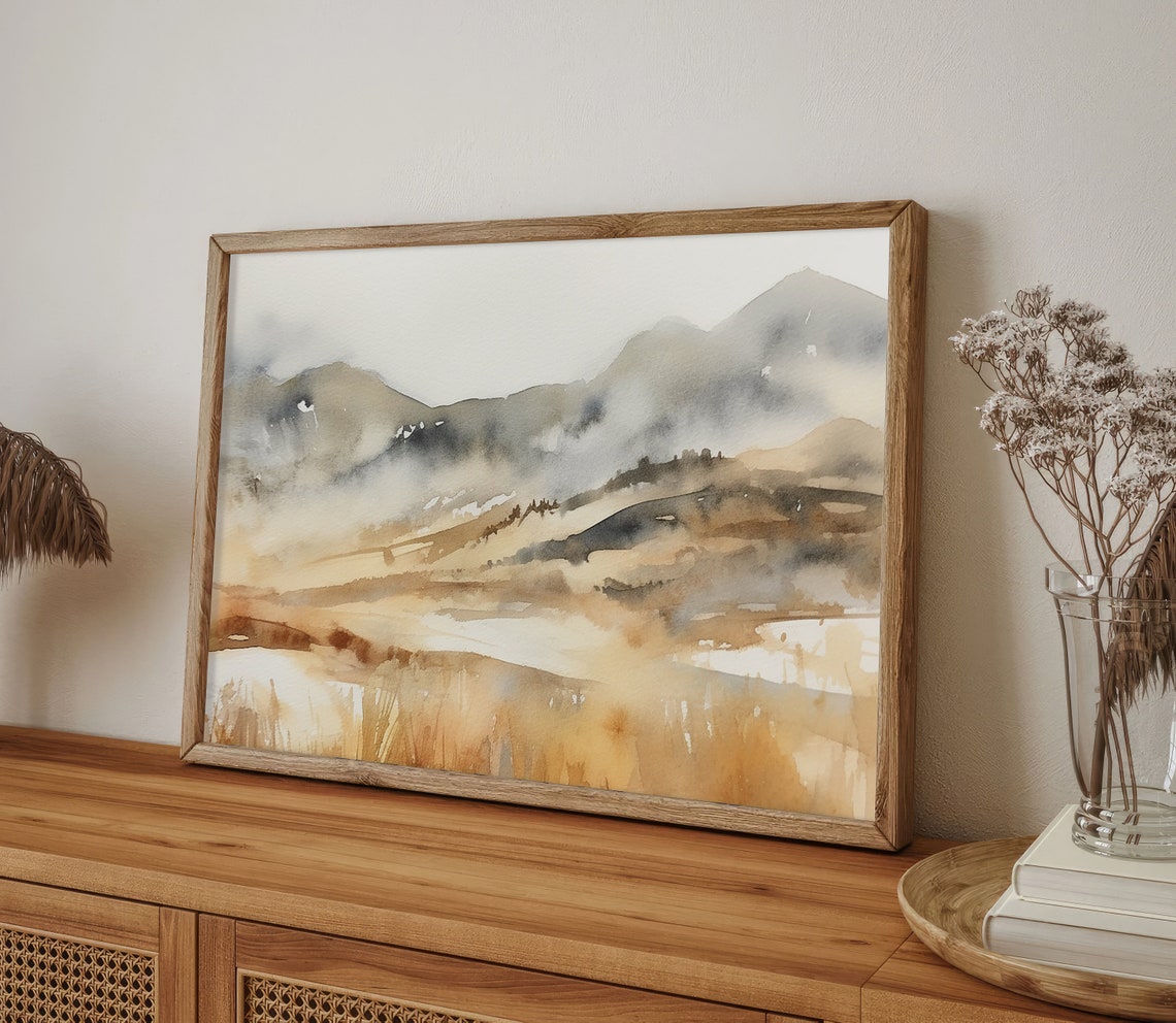 Misty Beige Mountain Hills Abstract Watercolor Landscape Poster - Image 4