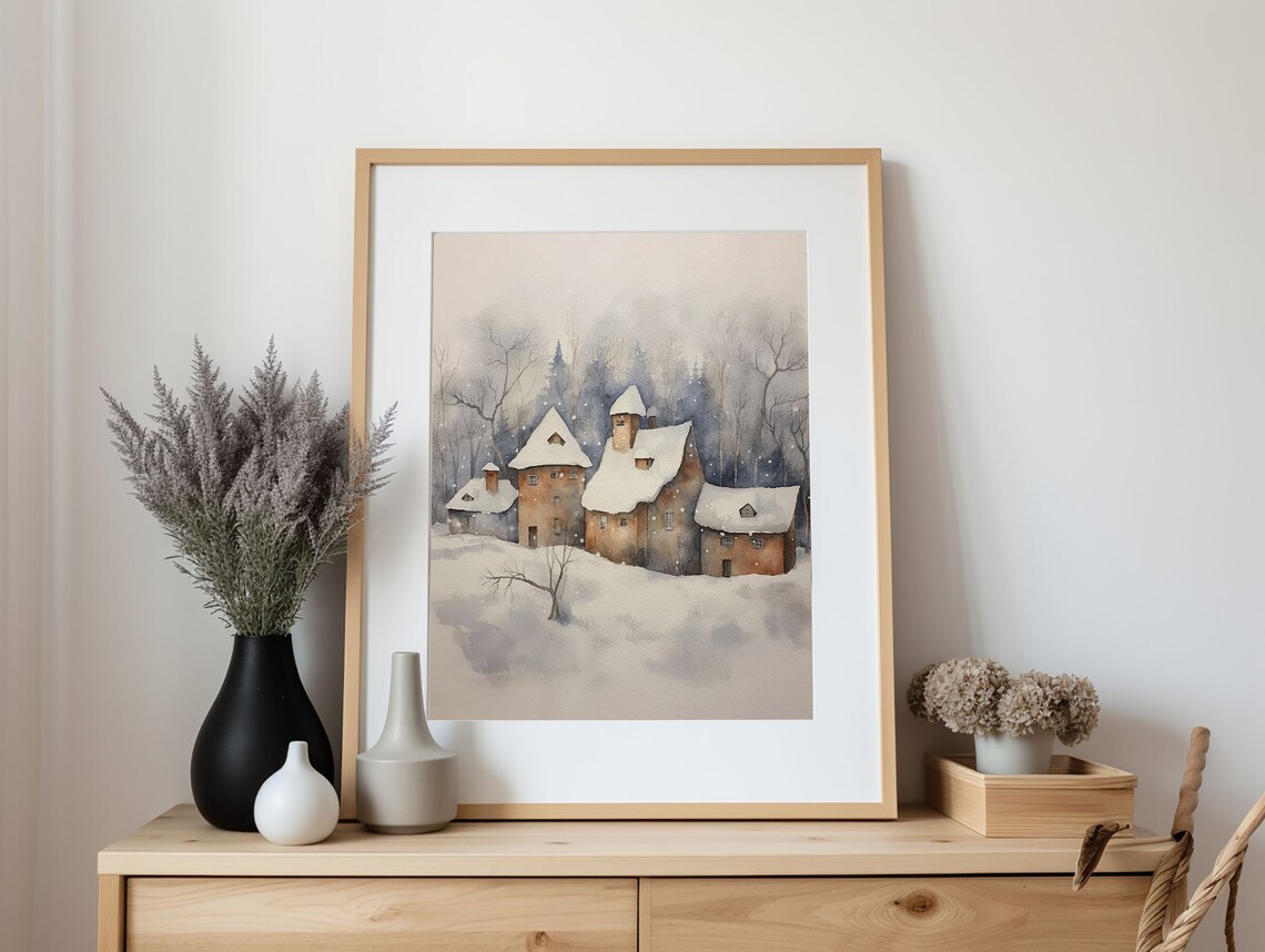 Snowy Village Painting Winter Farm Landscape Art Print - Image 2