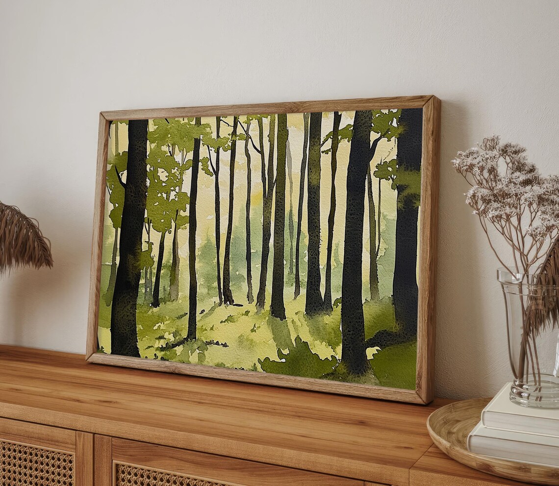 Sunlit Old Growth Forest Tall Green Trees Watercolor Woodland Poster - Image 4