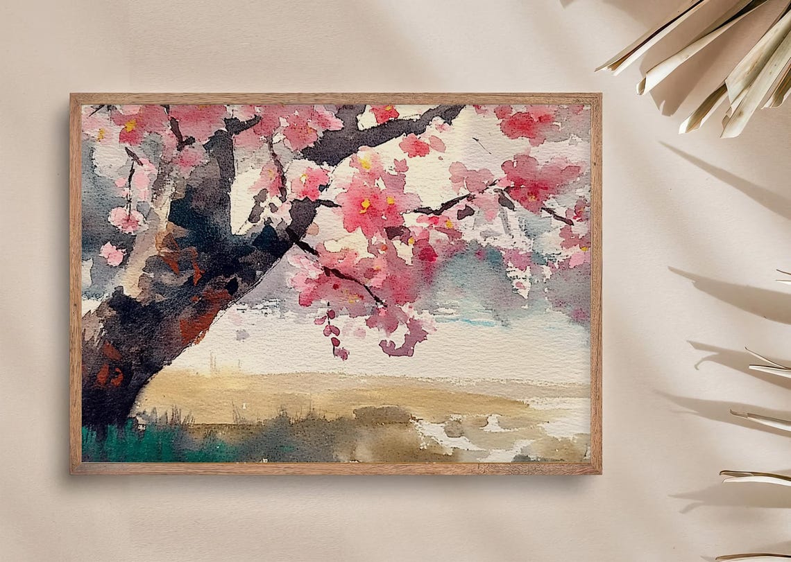 Blushing Pink Cherry Blossom Branches in Spring Watercolor Poster - Image 3