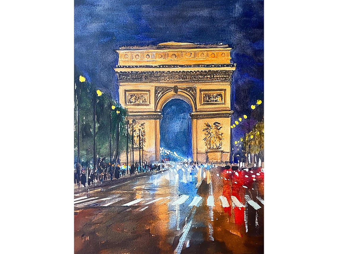 Paris Arc de Triomphe Night Lights Watercolor Landmark Poster