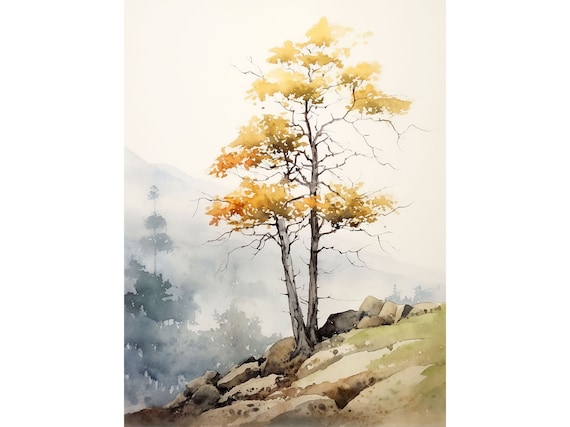 Adirondack Golden Birch Autumn Ridge Mountain Watercolor Poster