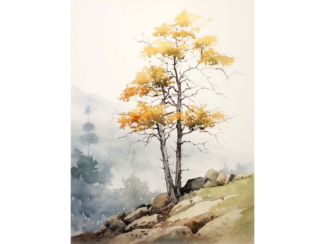 Adirondack Golden Birch Autumn Ridge Mountain Watercolor Poster