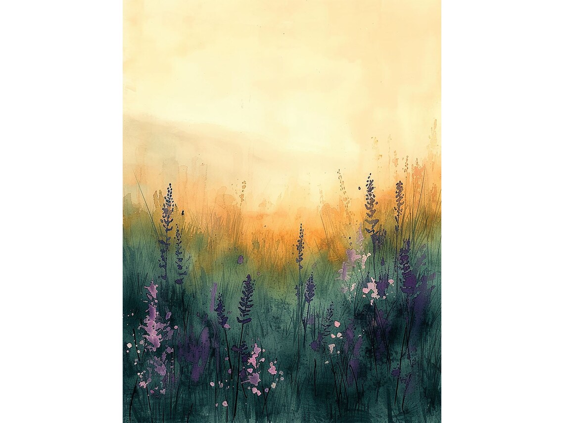Meadow Sunset Watercolor Art Print, Rustic Floral