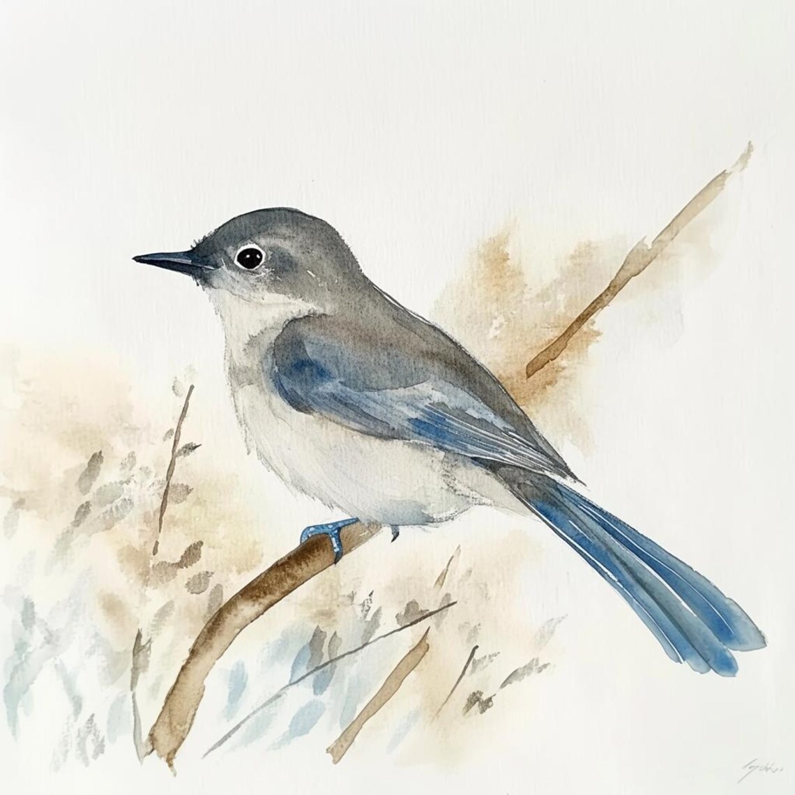 Grey Catbird Watercolor Art Print, Bird On Branch