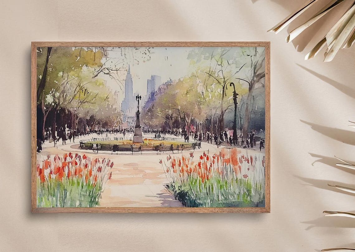 New York Central Park Plaza Spring Watercolor Cityscape Poster - Image 3