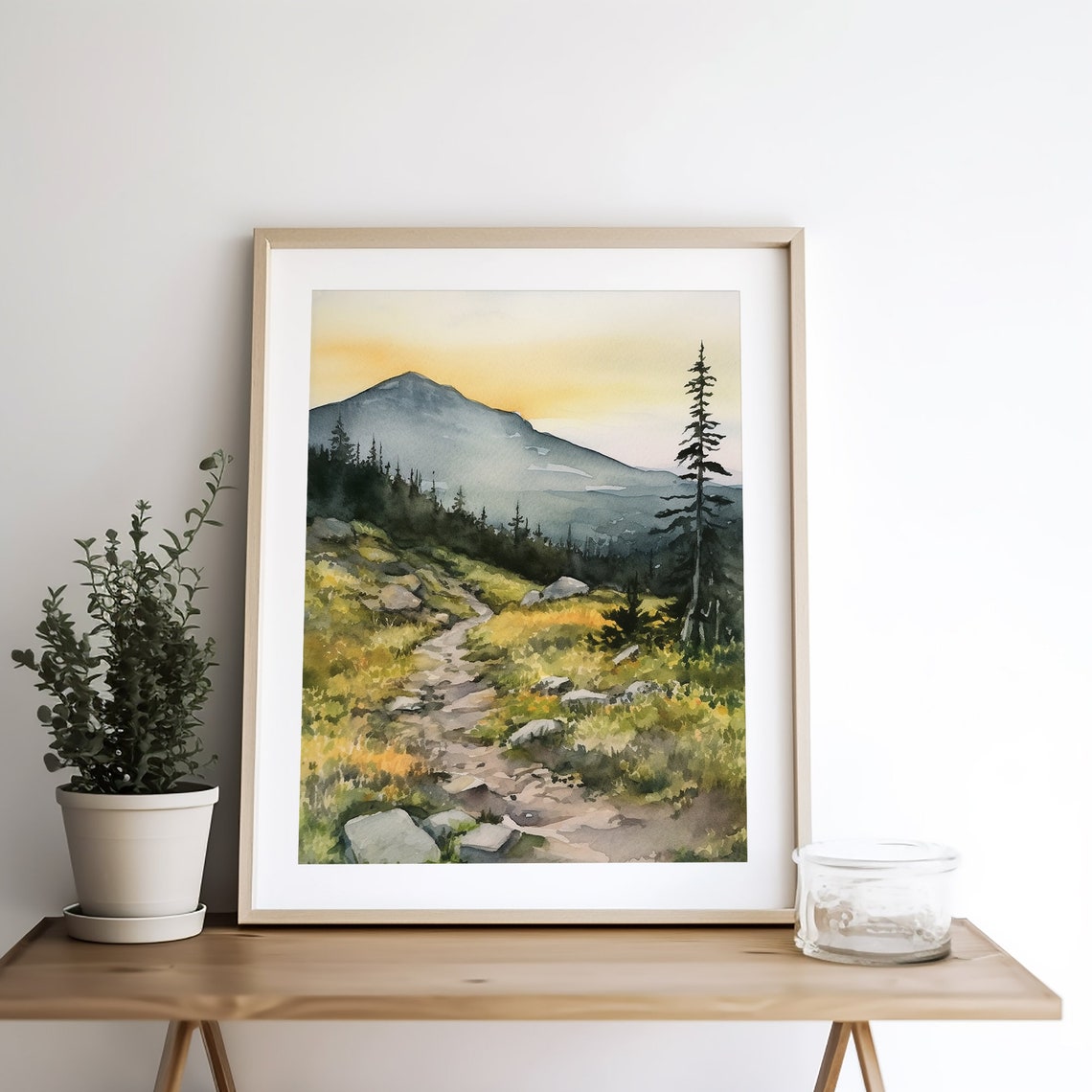 Rocky Mountain Hiking Trail to Misty Peak Sunset Watercolor Poster - Image 5