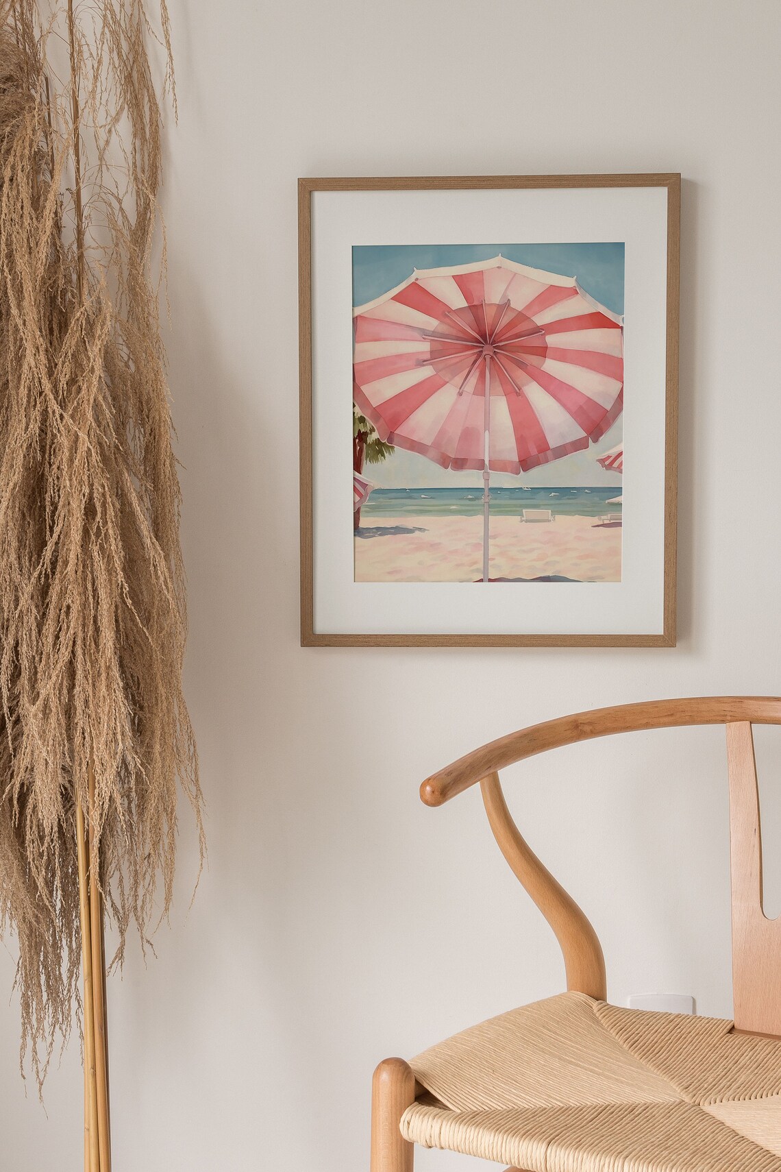 Beach Umbrella Painting, Retro Pink Watercolor Art - Image 5