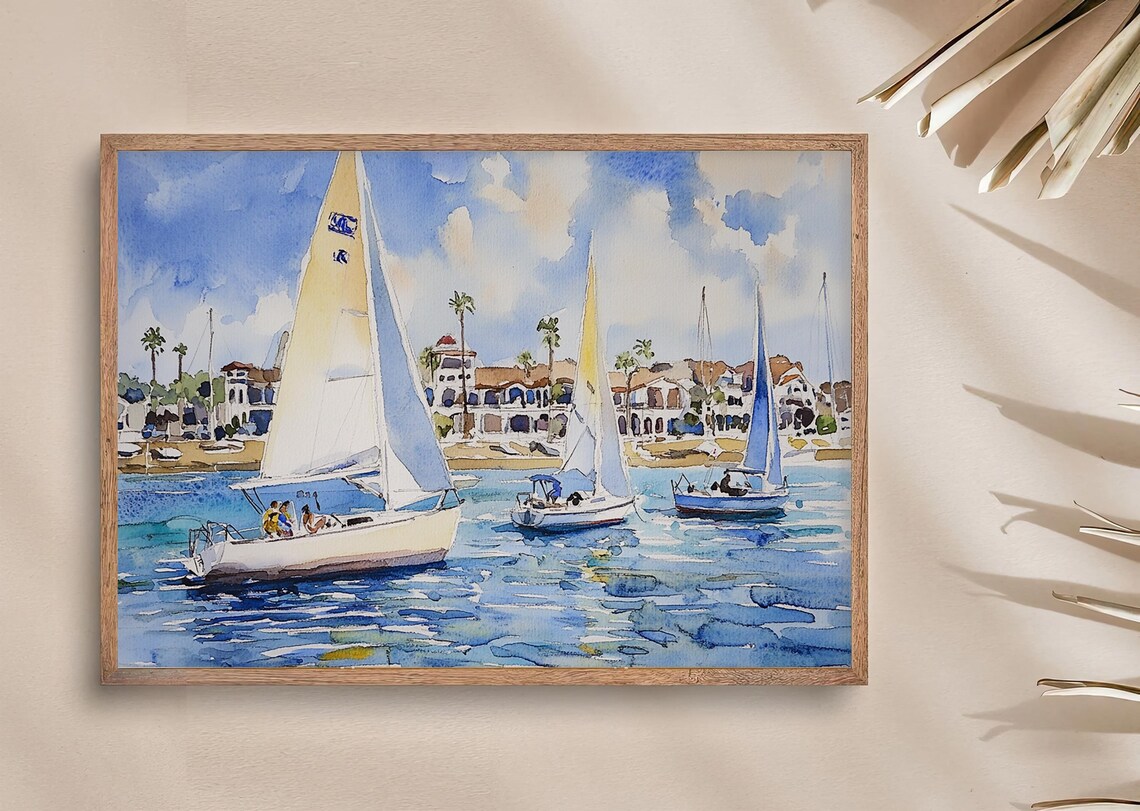Balboa Island Watercolor Print Newport Beach Painting Sailboats Wall Art California Coastal Print Beach House Decor - Image 3