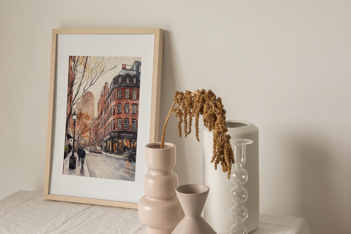 Historic Red Brick Street with Gas Lamps at Dusk Watercolor Poster - Image 3