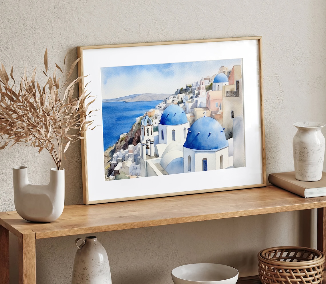 Santorini Watercolor Travel Poster, Greek Coastline - Image 2