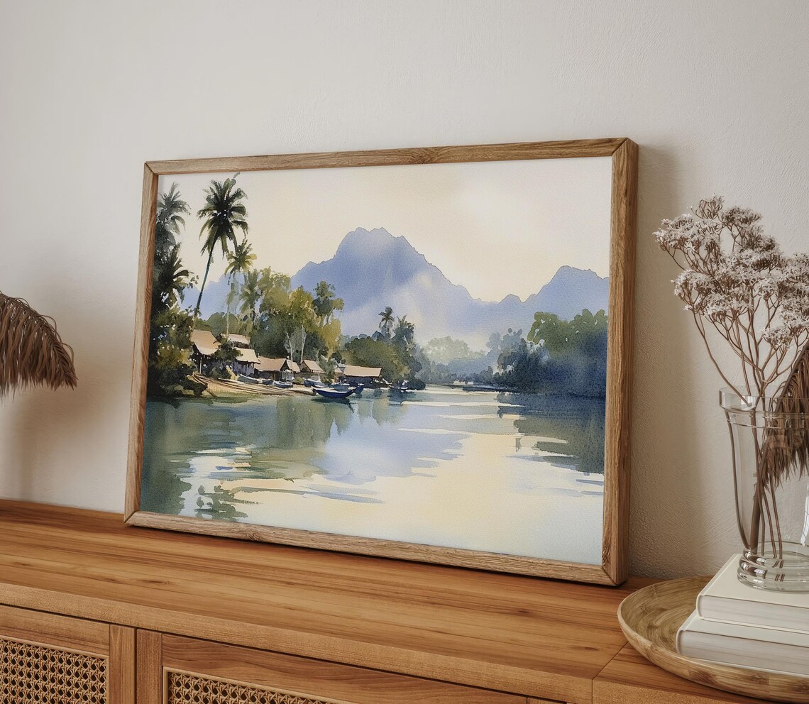 Tropical Riverside Village Palm Boats Mountain Watercolor Poster - Image 4