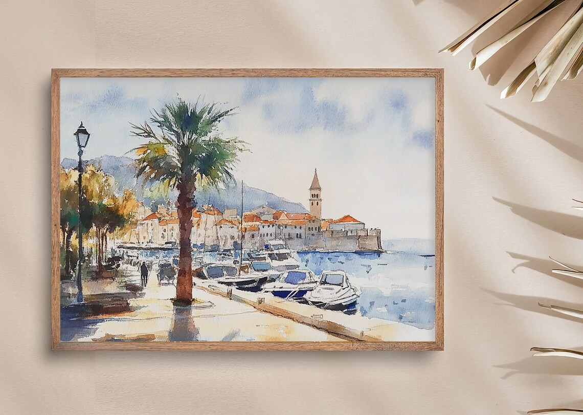 Croatia Coastal Watercolor Cityscape Art Print - Image 3