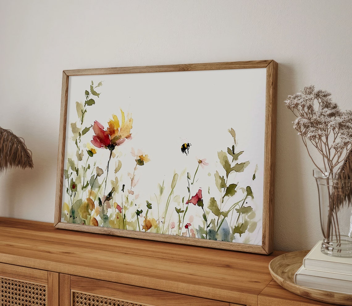 Delicate Wildflower Meadow with Bumblebee Watercolor Wall Art - Image 2