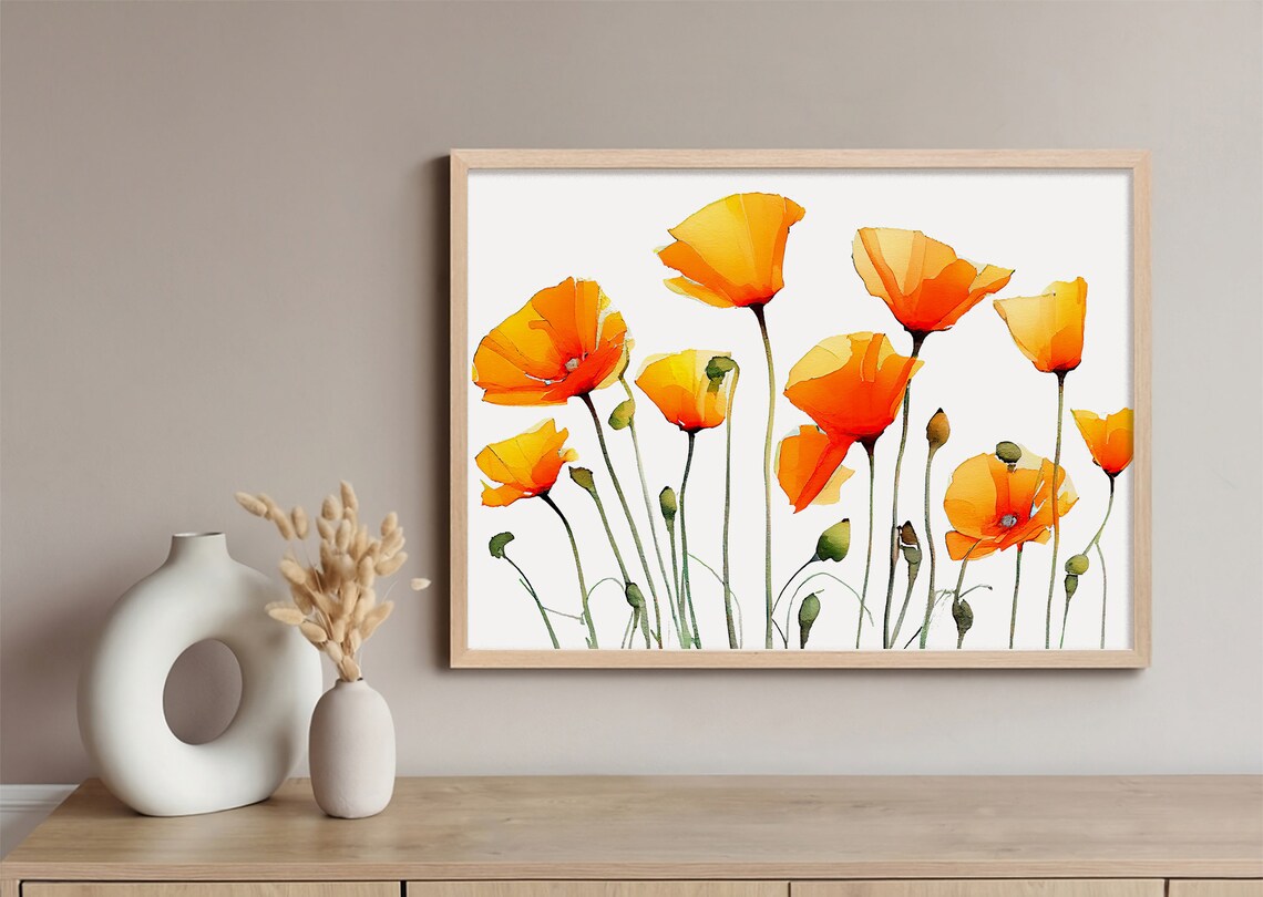 California Poppy Watercolor Print, Neutral Floral Art - Image 3
