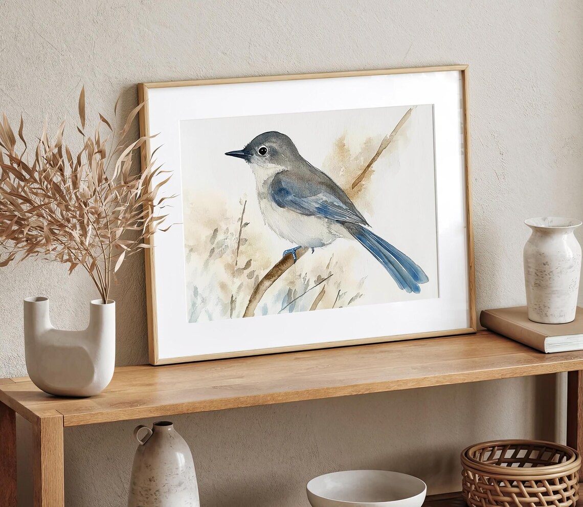 Grey Catbird Watercolor Art Print, Bird On Branch - Image 2