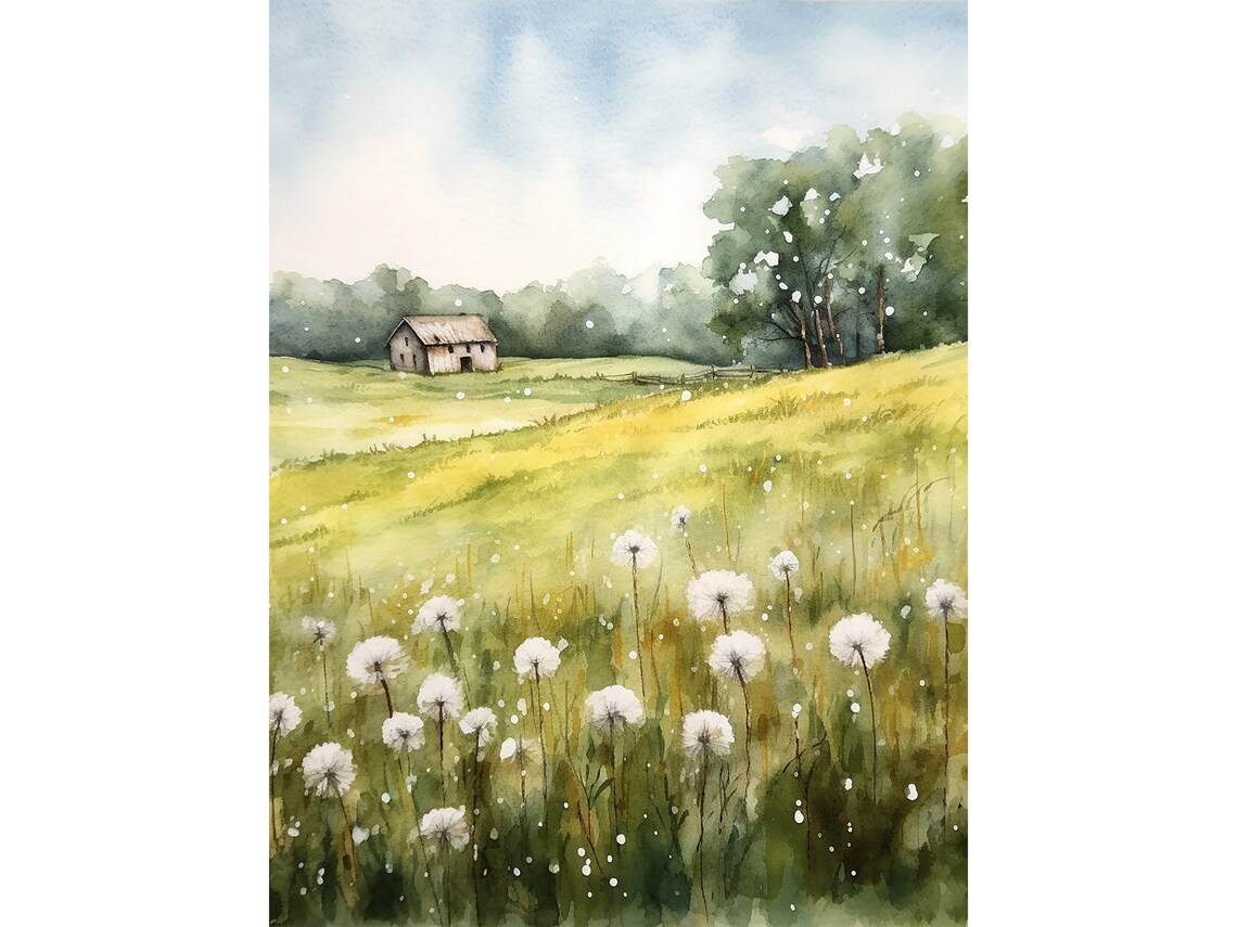 Dandelion Watercolor Painting, Summer Landscape Art Print