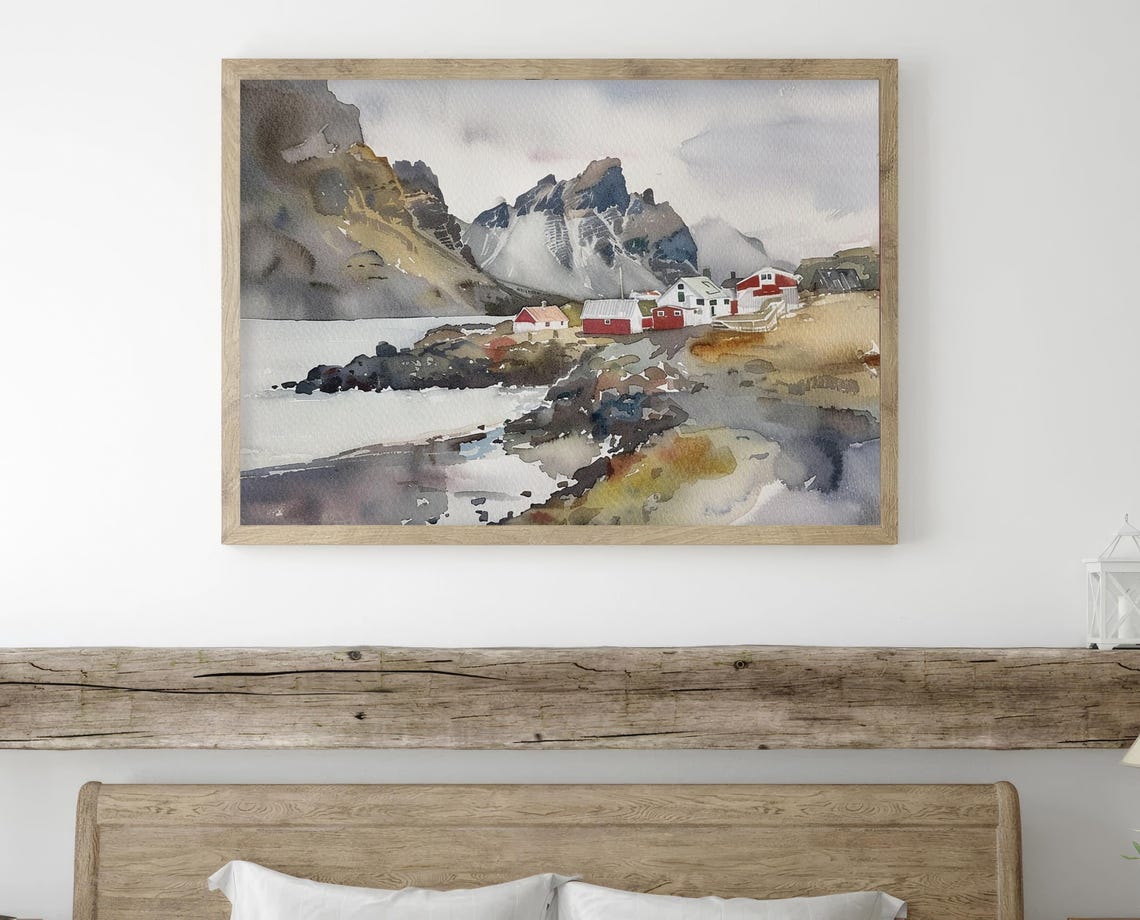 Iceland Painting South Shore Watercolor Art Print Town Of Vik Painting Wall Art Landscape Print Mountain Art Travel Poster Coastline Art - Image 3