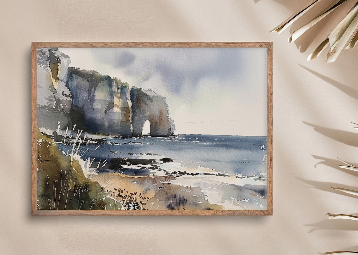 Normandy Painting Etretat Cliffs Watercolor Art Print France Coastal Landscape Wall Art Travel Poster Beach Painting Seascape Artwork - Image 4