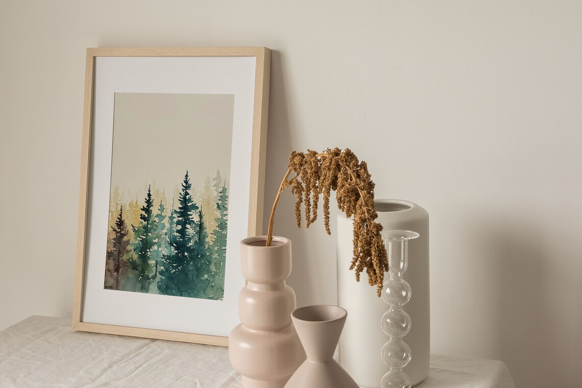 Misty Watercolor Pine Forest Foggy Evergreen Trees Calm Poster - Image 3