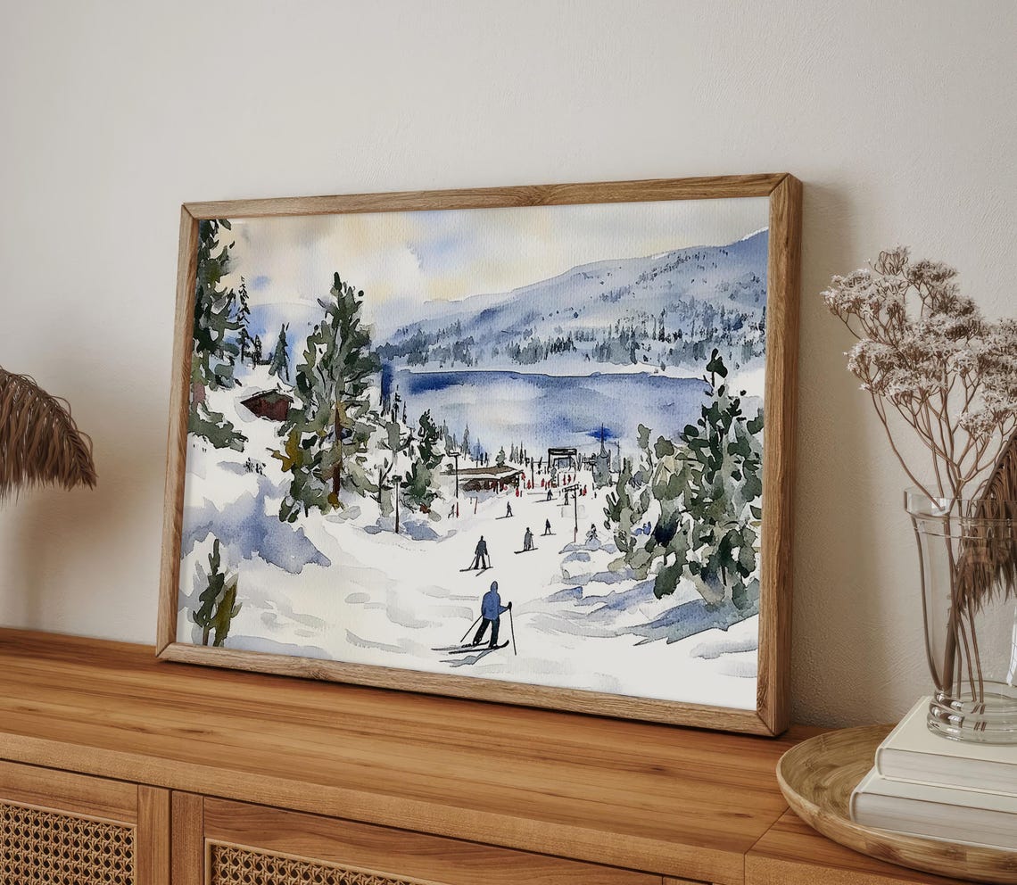 Tahoe Art Print Winter Skiing Art Lake Landscape Wall Art California Watercolor Pine Forest Painting Winter Wall Art Lake House Decor - Image 4