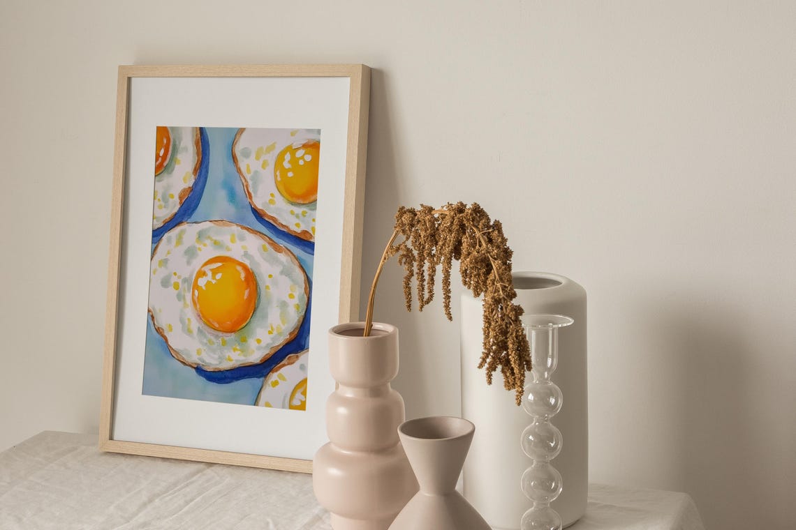 Sunny Side Up Fried Eggs on Blue Kitchen Watercolor Fun Food Poster - Image 3