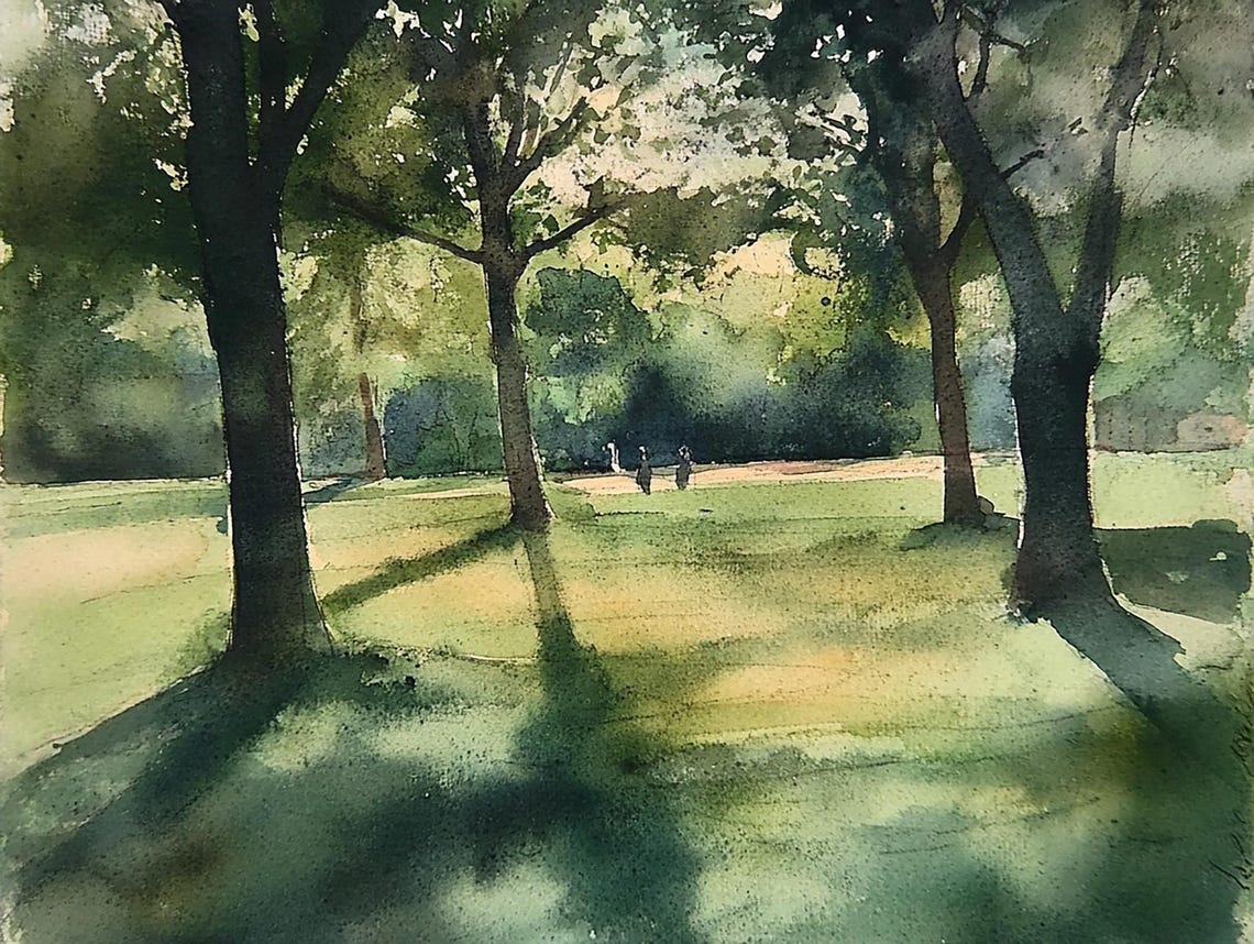Sunlit Park Trees Dappled Light Green Forest Watercolor Poster