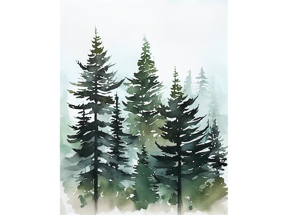 Evergreen Trees Print, Misty Forest Watercolor Poster