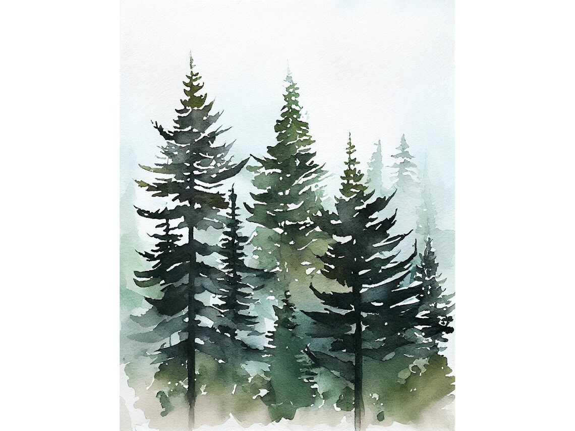 Evergreen Trees Print, Misty Forest Watercolor Poster