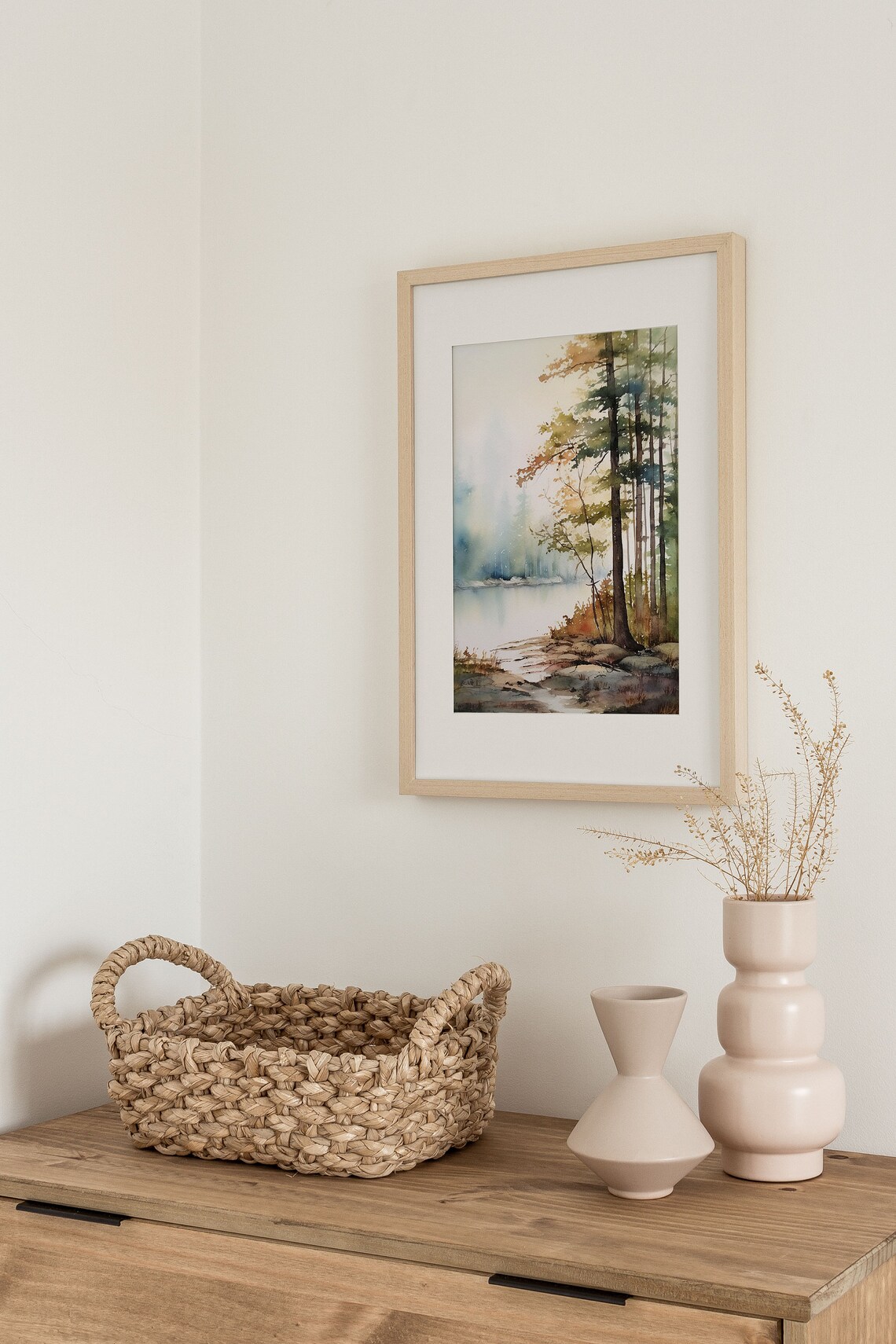 Serene Misty Lakeshore with Tall Pines at Dawn Watercolor Poster - Image 4