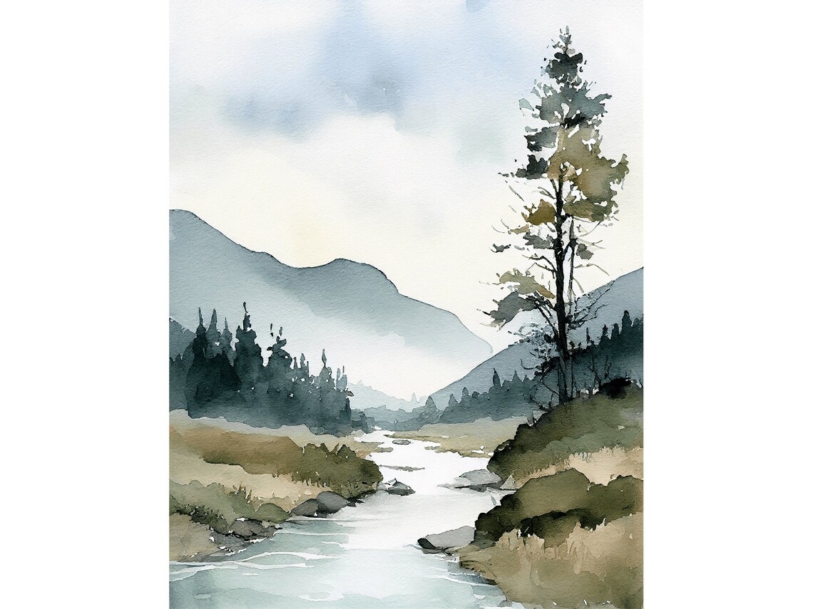 Idaho Mountain River Watercolor Art Print