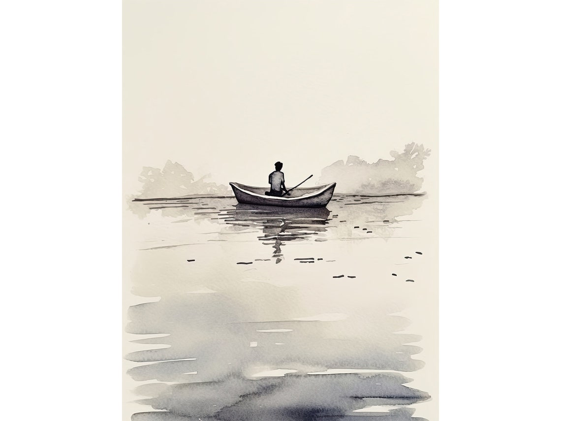 Fisherman Painting Watercolor Lake Superior Art Print Row Boat Wall Art Neutral Blue Poster Fishing Lake House Decor