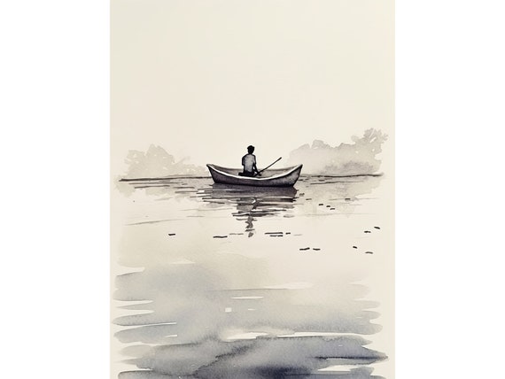 Fisherman Painting Watercolor Lake Superior Art Print Row Boat Wall Art Neutral Blue Poster Fishing Lake House Decor