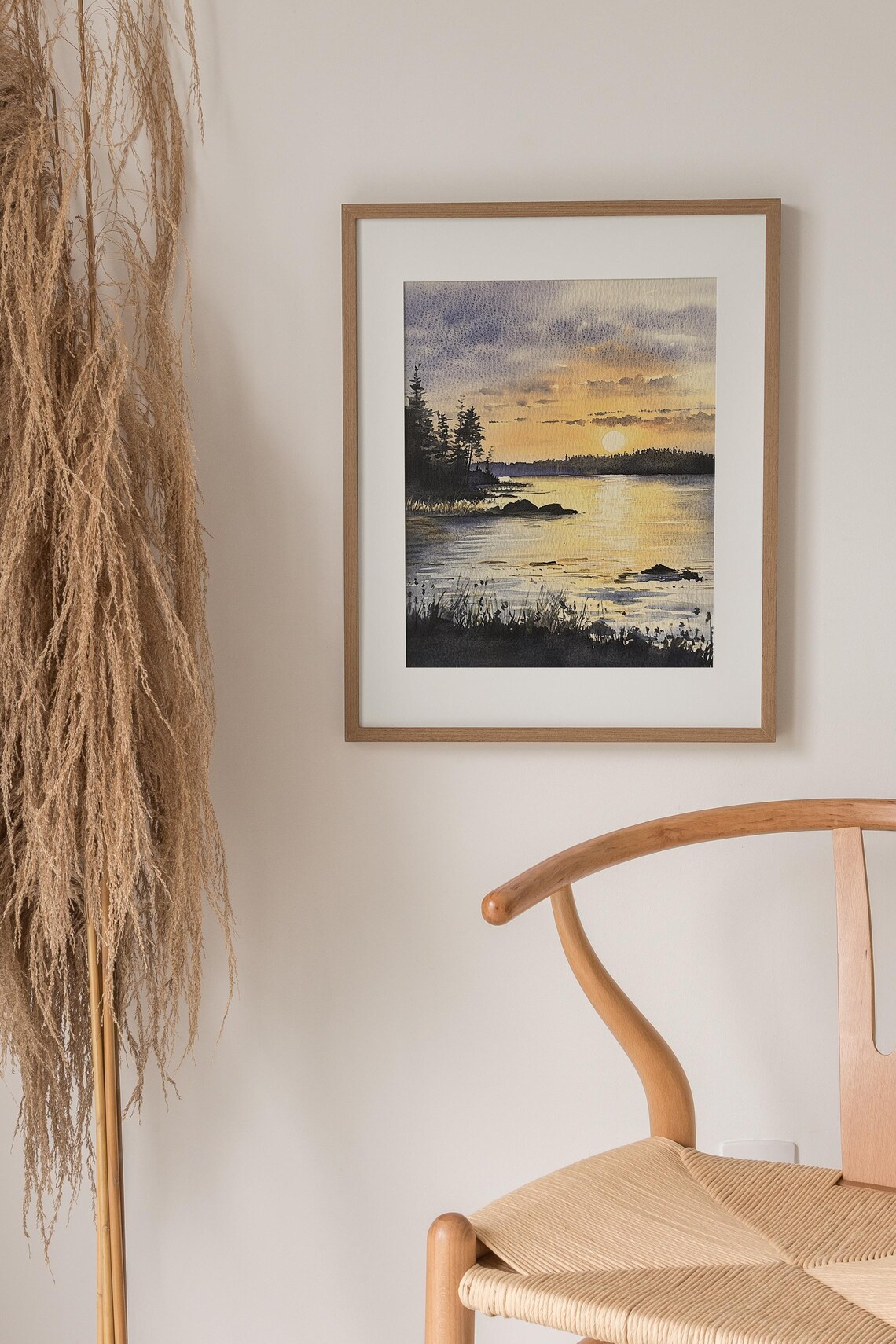 Golden Sunset Lake Pine Silhouette Shore Watercolor Nature Poster - Image 2