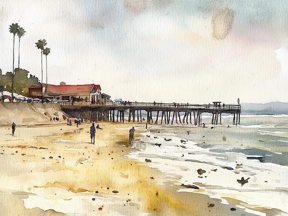 Capitola Beach Watercolor Print California Beach Painting Coastal Wall Art Seascape Print Palm Trees Art
