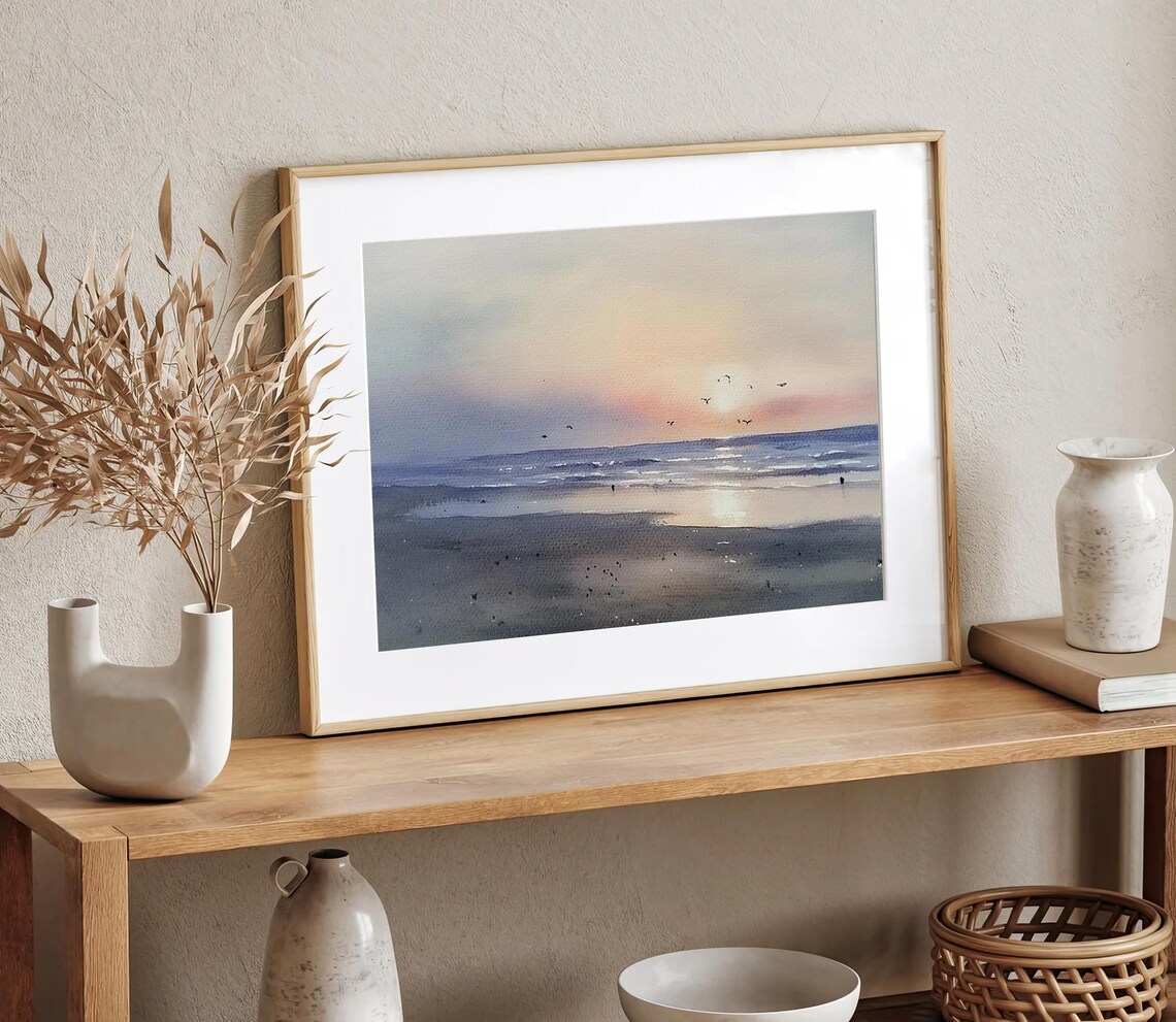 Sunrise On Beach Watercolor Art Print, Seagull - Image 2
