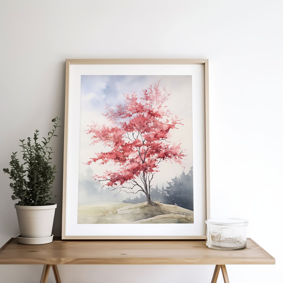 Pink Blossom Tree Lone Hill Misty Bloom Watercolor Spring Poster - Image 3