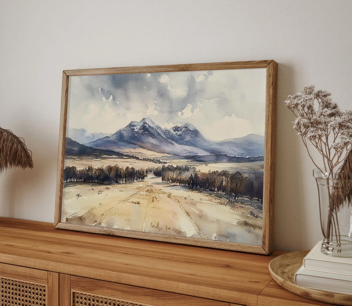 Open Plain Valley Snow Capped Mountains Big Sky Watercolor Poster - Image 4