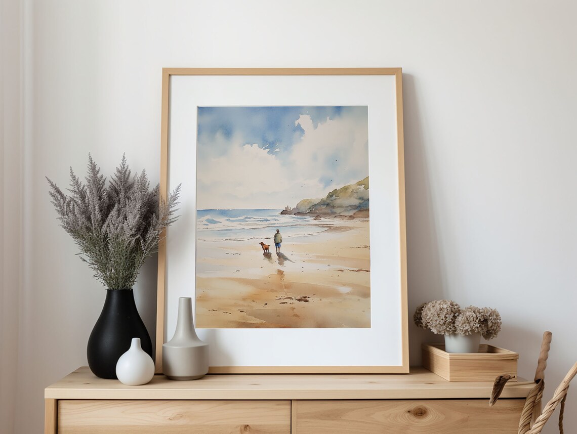 Cornwall Beach Walk Watercolor Art Print, Seascape - Image 3