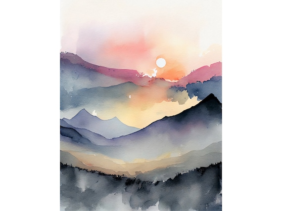 Smoky Mountains Neutral Watercolor Landscape Print