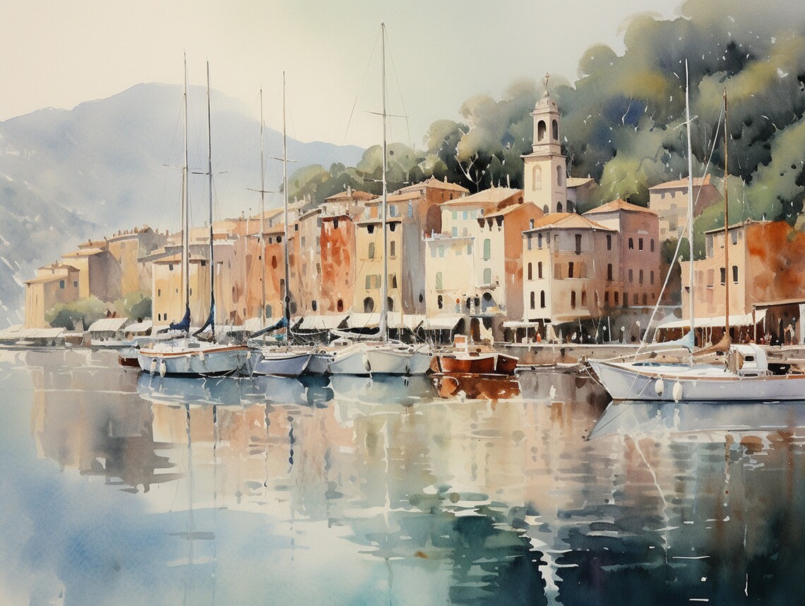 Portofino Watercolor Art Print, Italian Cityscape