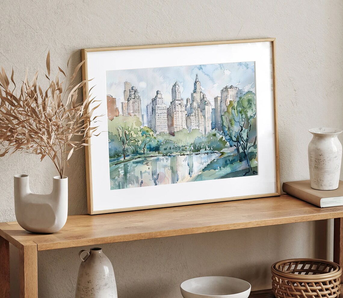 Central Park Watercolor Art Print, NYC Skyline - Image 3