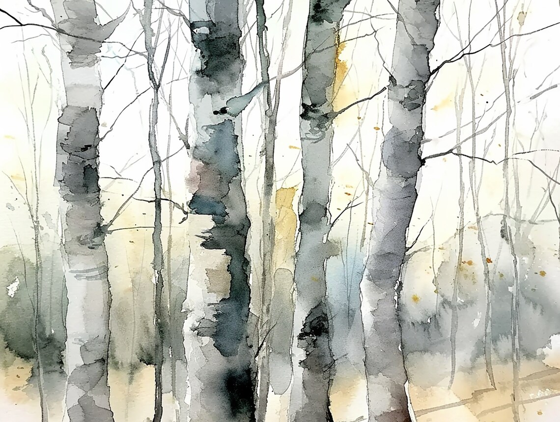 Birch Forest White Trunks Watercolor Woodland Neutral Poster